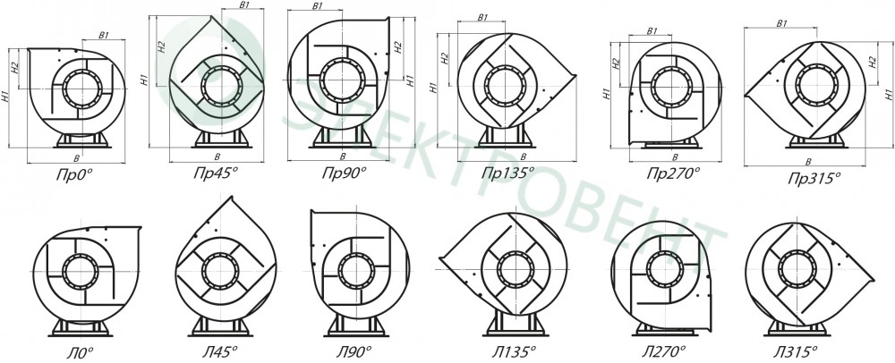 Габаритные и присоединительные размеры вентилятора ВЦП 7-40-10 22 кВт 1000 об/мин схема 1, зависящие от положения корпуса